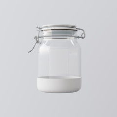 One Empty Transparent Glass Jar Closed Ceramic Cap Isolated Gray Background.Clean Glassy Containers Mockup Ready Corporate Design Message.Vintage Style Drinks Food Storage.Blank Closeup.3d rendering.