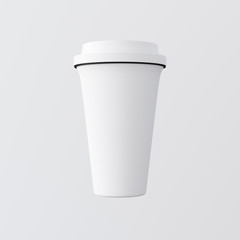 White Plastic Paper Coffee Cup Gray Background.One Take Away Cardboard Mug Closed Cap Isolated.Retail Mockup Presentation.Ready Business Message. 3d rendering.