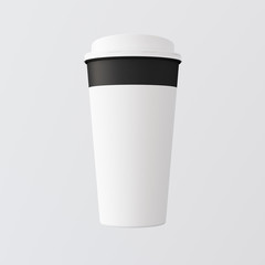 White Plastic Paper Coffee Cup Gray Background.One Take Away Cardboard Mug Closed Color Cap Isolated.Black Holder Line Top.Retail Mockup Presentation.Ready Business Message. 3d rendering.