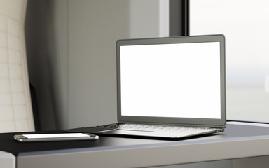 Modern Laptop Clear Screen Table Inside Interior First Class Cabin Fast Speed Train.Blank Window Background Generic Design Notebook.Empty White Display Ready Business Info.Crops Mockup.3d rendering.