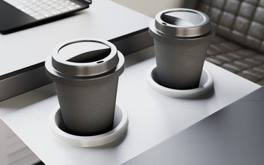 Two Black Plastic Coffee Cups Table Inside Interior First Class Cabin Fast Speed Train.Empty Blank Generic Design Hot Drinks Take Away Mugs Background.Clear Business Mockup.Crops.3d rendering.