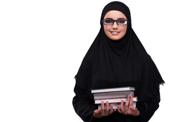 Muslim woman in black dress isolated on white