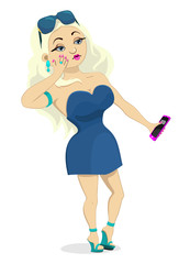 Comic vector illustration of sexy glamour girl. Funny cartoon character - mannered blonde poses and makes selfie. Isolated woman dressed in a showy dress with a smartphone.