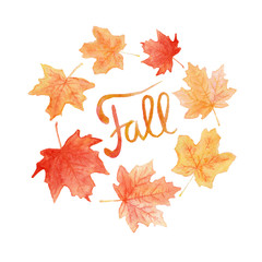 Fall watercolor hand drawn lettering and maple leaves