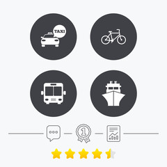 Transport icons. Taxi car, Bicycle, Bus and Ship