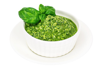 Pesto Sauce with Basil on White Background