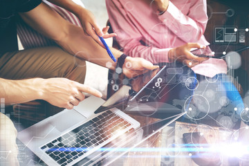 Global Connection Virtual Icon Diagram Interface Marketing Research.Young Coworkers Team Analyze Meeting Report Electronic Gadget.Businessman Startup Online Markets Project.Closeup Blurred Background.