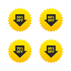 Sale arrow tag icons. Discount off symbols.