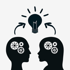 head gears bulb teamwork support collaborative cooperation work icon set. Black and white design. Vector illustration