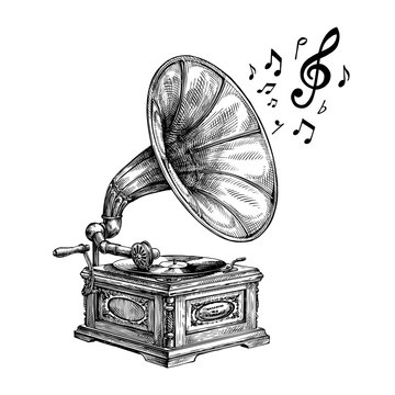 Hand-drawn vintage gramophone with music notes. Vector illustration
