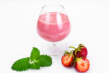 Strawberry Smoothie with Mint Leaves on White