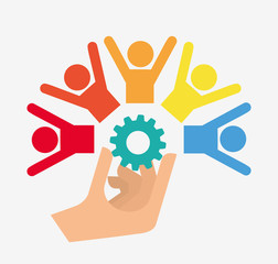 pictogram gears hand teamwork support collaborative cooperation work icon set. Colorful design. Vector illustration