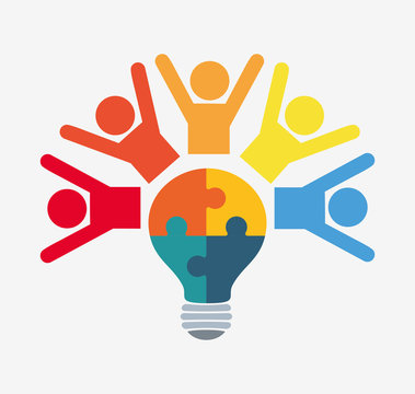 Pictogram Puzzle Bulb Teamwork Support Collaborative Cooperation Work Icon Set. Colorful Design. Vector Illustration