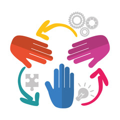 hands puzzle bulb gears teamwork support collaborative cooperation work icon set. Colorful design. Vector illustration