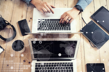 Woman Typing Keyboard Laptop Hand.Project Manager Researching Process.Business Team Working Startup modern Office.Global Strategy Virtual Icon.Innovation Graphs Interface.Analyze market stock.Blurred