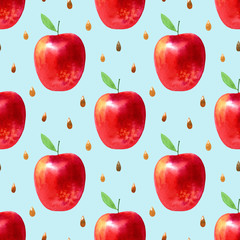 Seamless pattern with apples and seeds.Food picture.Watercolor hand drawn illustration.Blue background.