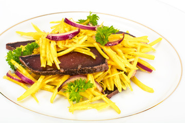 Salad of Yellow Beets with Red Onion and Beef Jerky