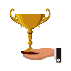 trophy hand cup gold winner competition success icon. Flat and Isolated design. Vector illustration