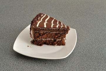 A delicious slice of chocolate cake in a white plate