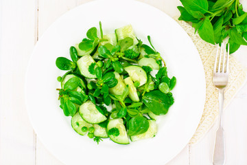 Salad with Cucumber, Purslane and Green Peas on Dark Disks