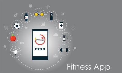 Smart phone with healthy lifesyle icons. Fitness app vector illustration