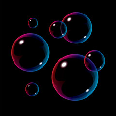 Colorful bubbles on black background. Realistic vector illustration