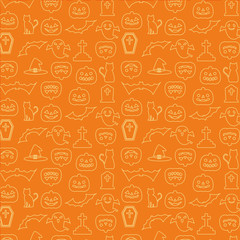 ハロウィン　パターン　壁紙　背景 線画イラスト　オレンジ　黄色