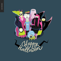 Happy Halloween greeting card with lettering. Vector cartoon illustrated group of kids wearing Halloween costumes and a french bulldog, scared by something.