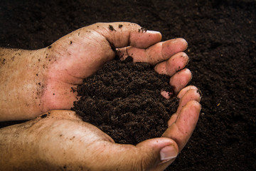 Hands dirty with clay , soil background