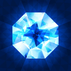 Realistic diamond in top view on shiny background.