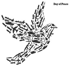 Peace Symbol filled with weapons. Contour dove vector image. International Day of Peace.
