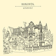 Old center of Hanover, Germany, Europe. Art Nouveau historical building, trees. Freehand drawing. Travel sketch. Vintage postcard, poster or book illustration