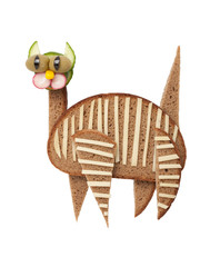 Funny cat made of bread and vegetables on isolated background