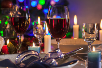 Glass of wine on the christmas table