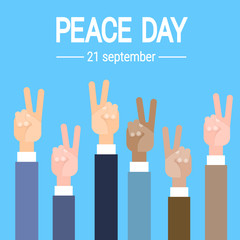 Fototapeta premium Business Hand Group Peace Sign World International Holiday Poster