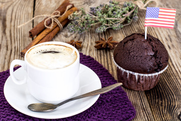 Chocolate Muffin with Coffee and the American Flag