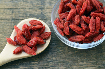 Red dried goji berries in a glass bowl and wooden spoon on old wooden background.Selective focus.Healthy food or diet concept.
