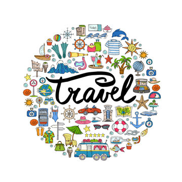 Cute decorative cover with hand drawn colored symbols of travel