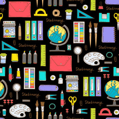 Vector seamless pattern with hand drawn colored stationery on black color