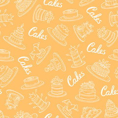 Vector seamless pattern with hand drawn isolated cakes on yellow color