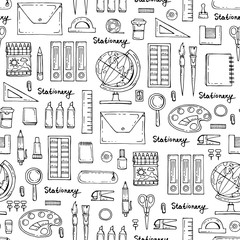 Vector seamless pattern with hand drawn isolated stationery on white color