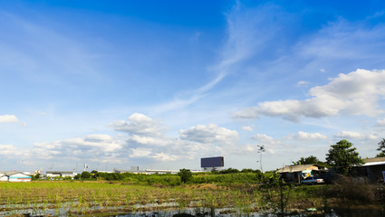 Fototapeta na wymiar Blue sky with clouds over field
