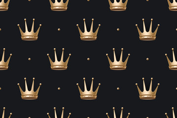 Seamless pattern with gold king crown on a dark black background