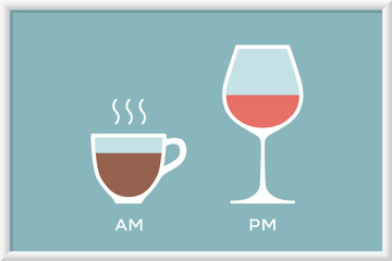 Cup coffee and glass wine in cafe with symbol defferent time