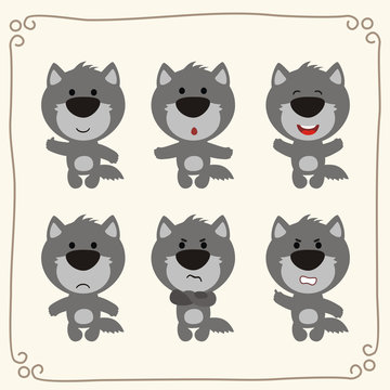Vector set cute wolf. Collection isolated funny wolf. Emotion little wolf.