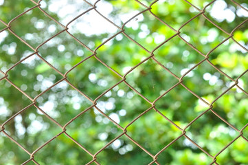 Metal mesh fence with blur green bokeh background