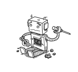 Broken Robot. A hand drawn vector doodle cartoon illustration of a broken robot trying to fix itself.