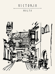 Little alley in Victoria, Gozo island, Malta, Europe. Vintage hand-drawn touristic postcard or poster template, book illustration