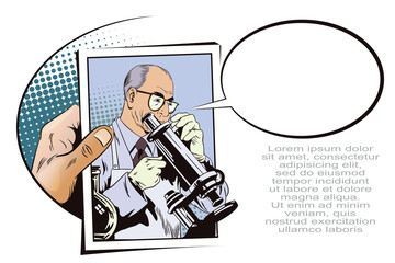 People in retro style. Scientist with microscope.