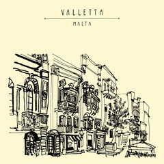 Valletta, Malta, Europe. Pedestrian street in old town. Nice historical buildings. Travel sketch drawing. Poster, postcard template, book illustration